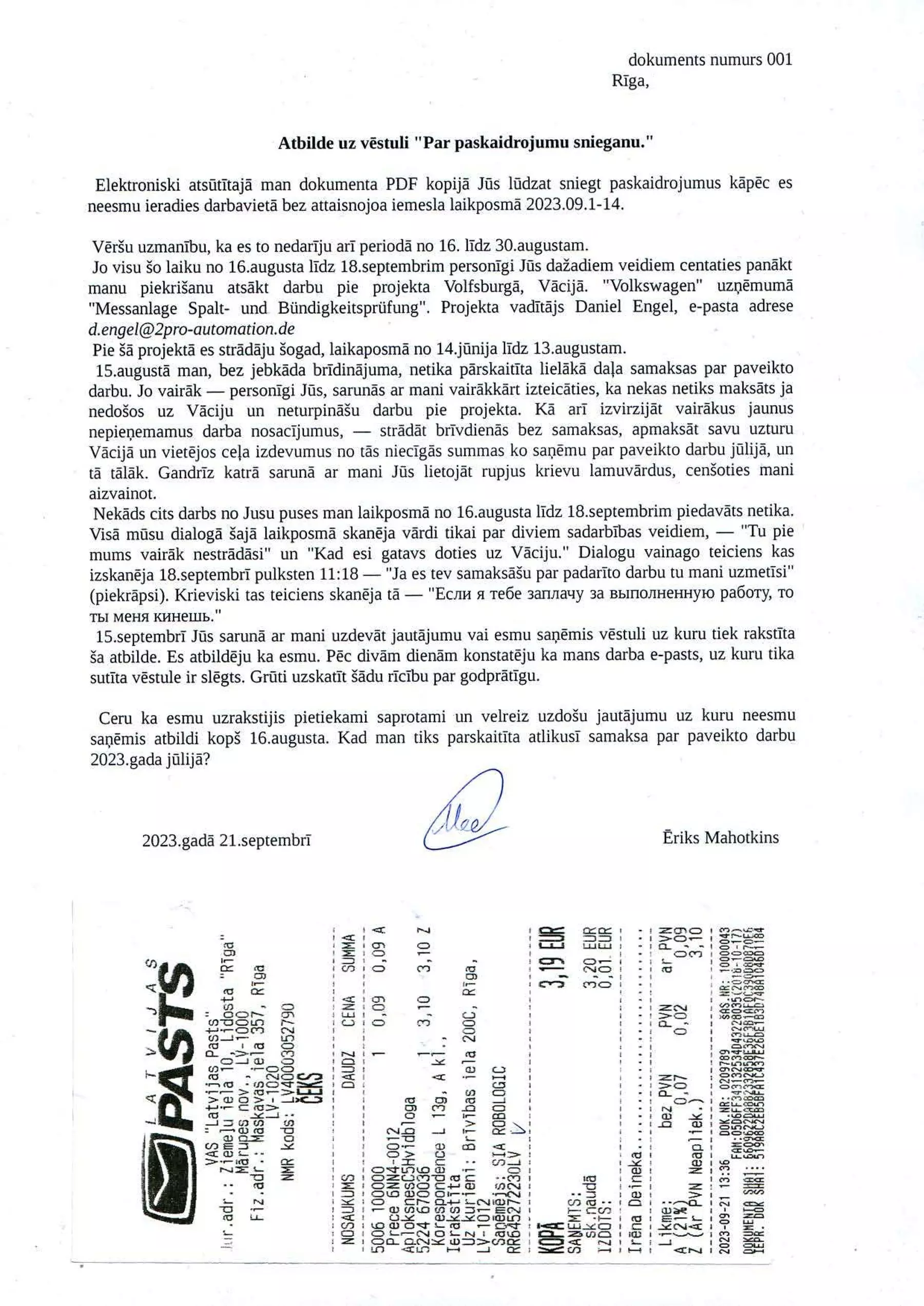 SIA Robologic Vitalij Vilim the answer to -Par paskaidrojumu sniegšanu- letter