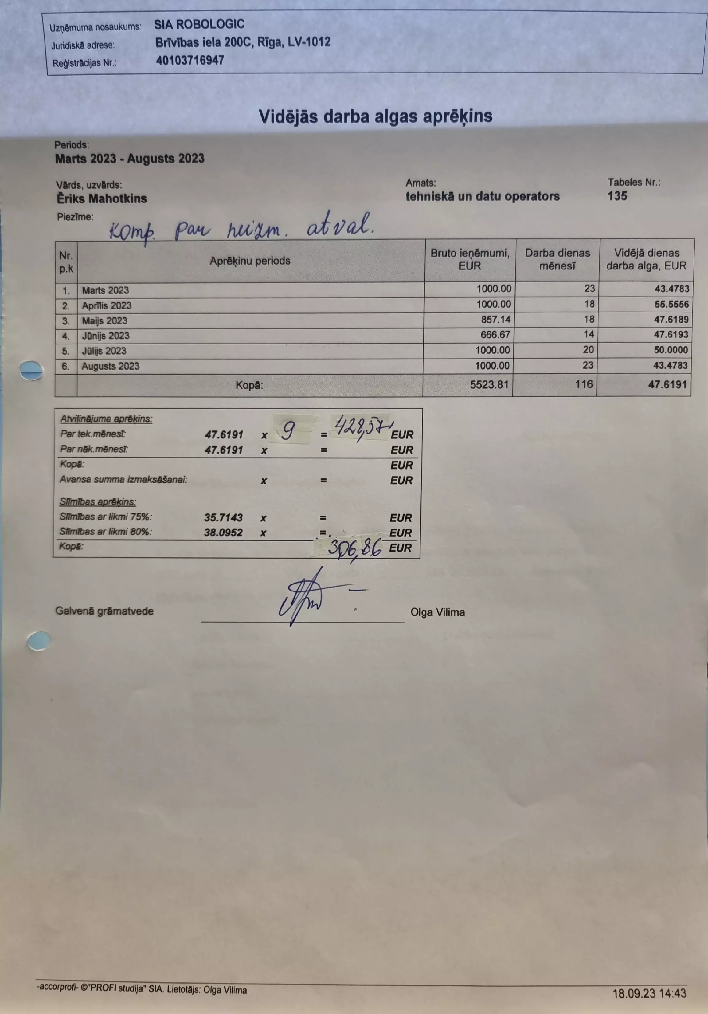 SIA Robologic Olga Vilima grāmatvedības dokuments